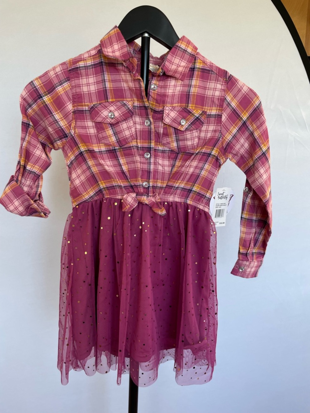 Girls Holiday Party Dress 6X Plaid Flannel Tulle Sparkle Western new with tags